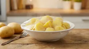 Patate tagliate a pezzi in una ciotola coperte con pellicola trasparente