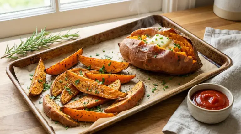 Patate dolci al forno tagliate a spicchi e una patata dolce intera con burro su una teglia.