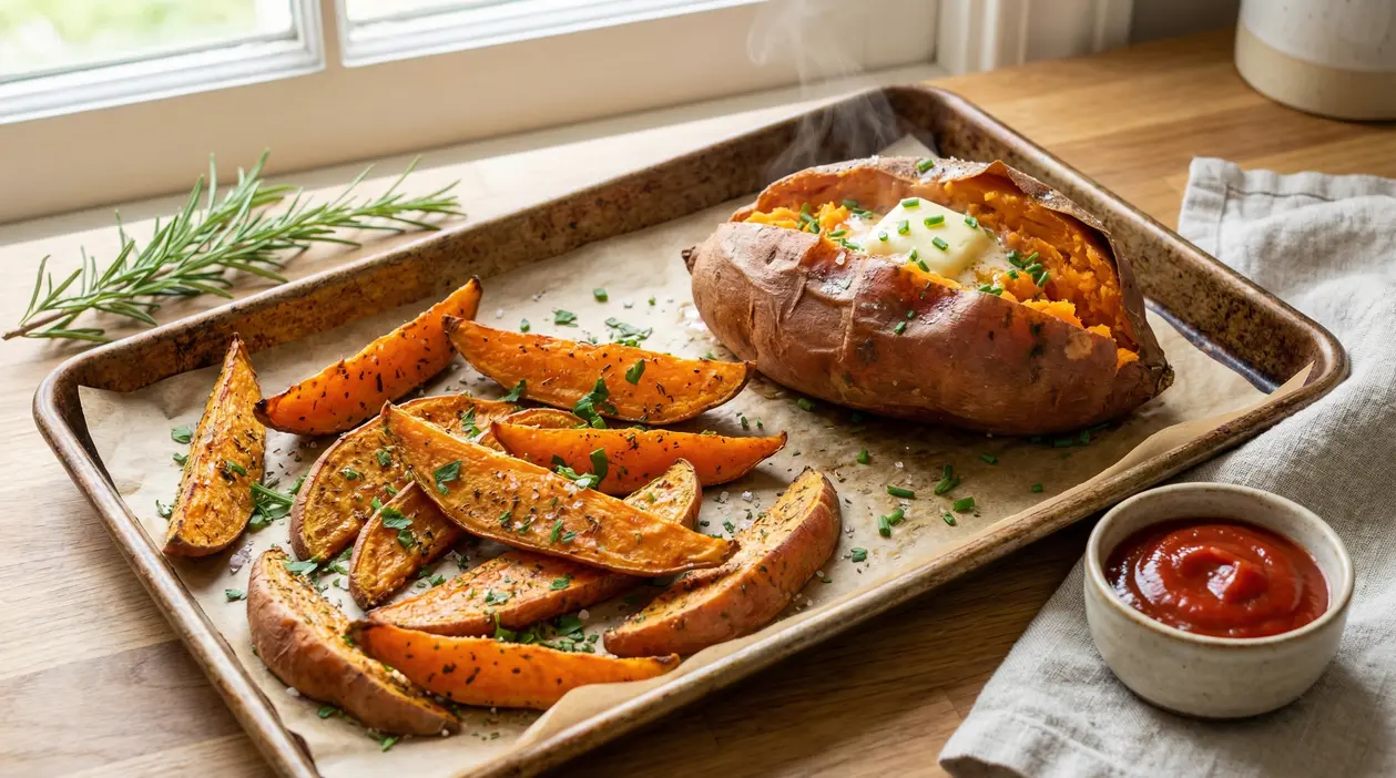 Patate dolci al forno tagliate a spicchi e una patata dolce intera con burro su una teglia.
