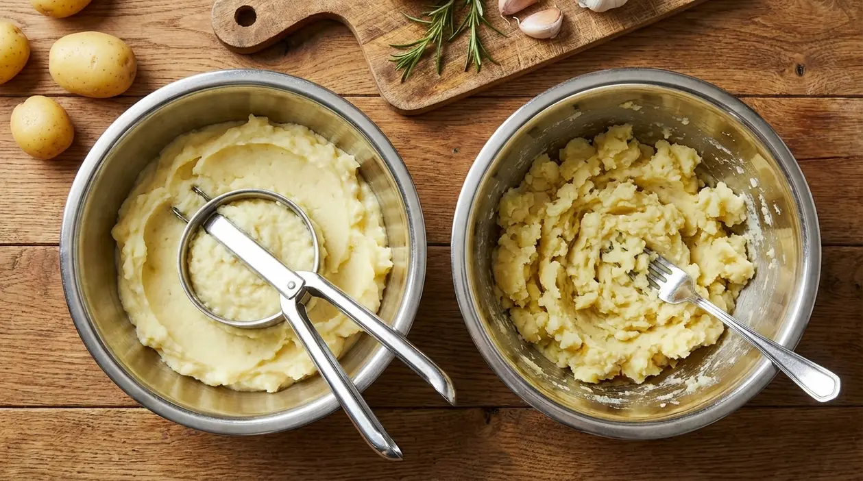Due ciotole con patate schiacciate: a sinistra con schiacciapatate, a destra con forchetta su tavolo di legno
