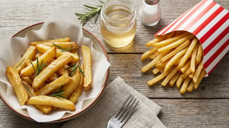 Due tipi di patatine fritte su un tavolo: fatte in casa con rosmarino e da fast food in una confezione a righe