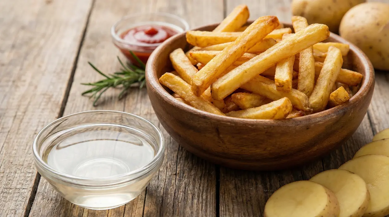 Ciotola di patatine fritte croccanti su tavolo di legno con ciotoline di olio e salsa, patate e rosmarino