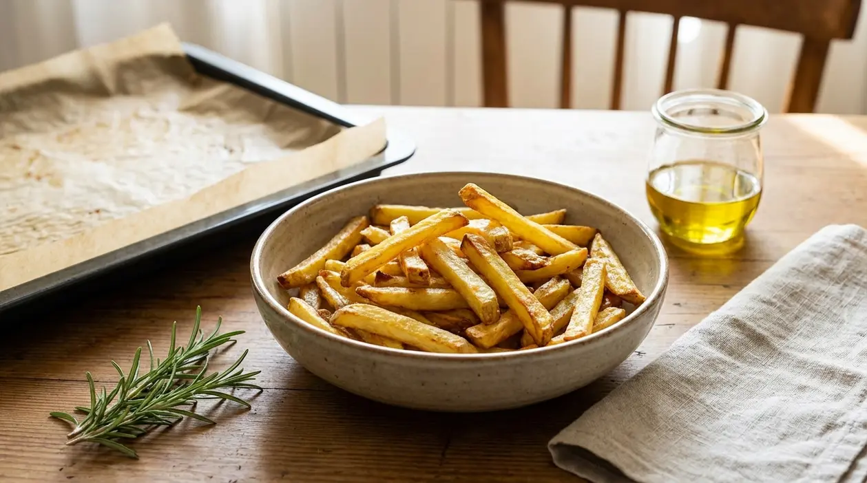 Ciotola di patatine fritte light dorate su tavolo di legno con rosmarino, olio e teglia con carta forno