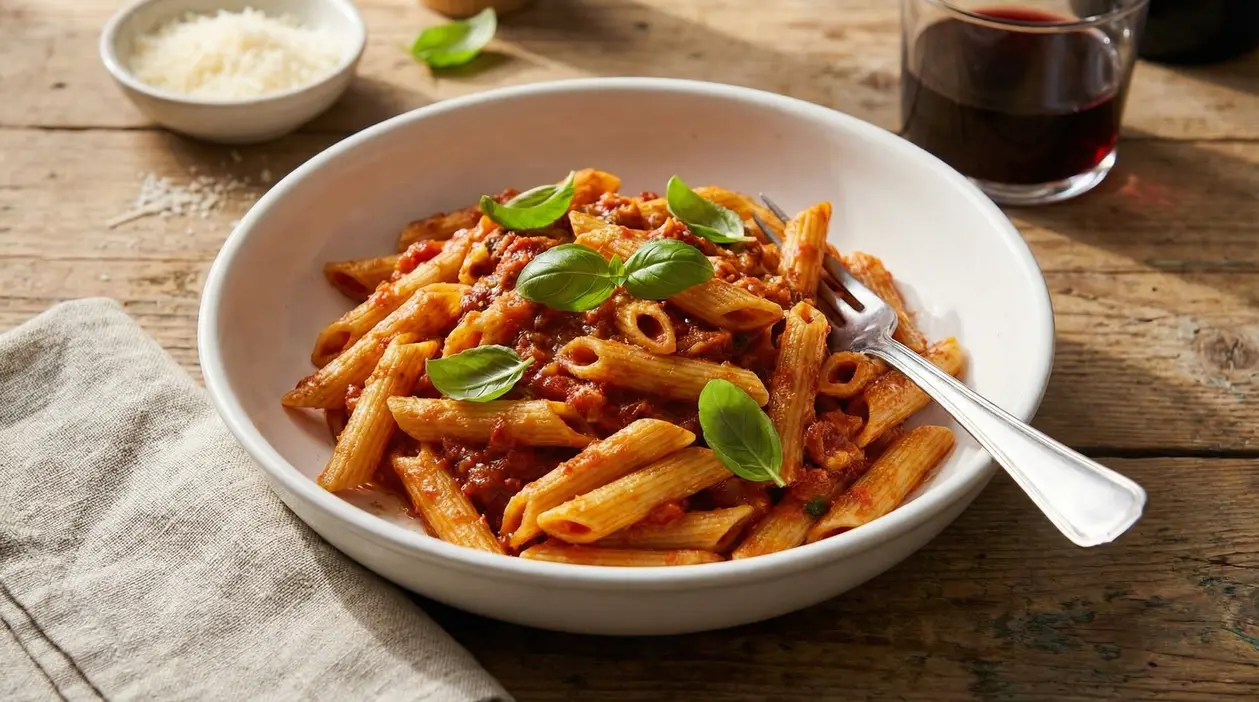 Piatto di penne al sugo con basilico fresco, servito su un tavolo rustico.