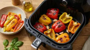 Peperoni arrostiti nella friggitrice ad aria con olio e aglio, serviti in un piatto su tavolo di legno