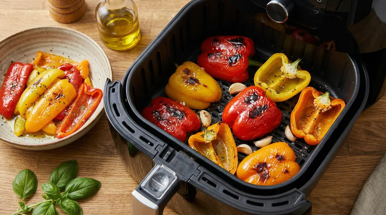 Peperoni arrostiti nella friggitrice ad aria con olio e aglio, serviti in un piatto su tavolo di legno