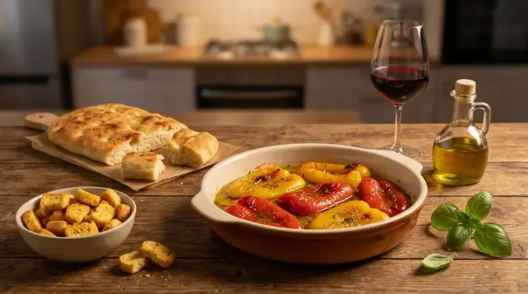 Peperoni arrostiti in una pirofila con olio, pane e bicchiere di vino su tavolo di cucina