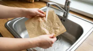Persona che bagna un foglio di carta forno sotto l'acqua corrente in una cucina