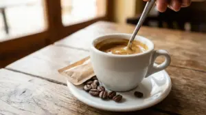 Tazza di caffè espresso con cucchiaino, chicchi di caffè e zucchero su un tavolo di legno