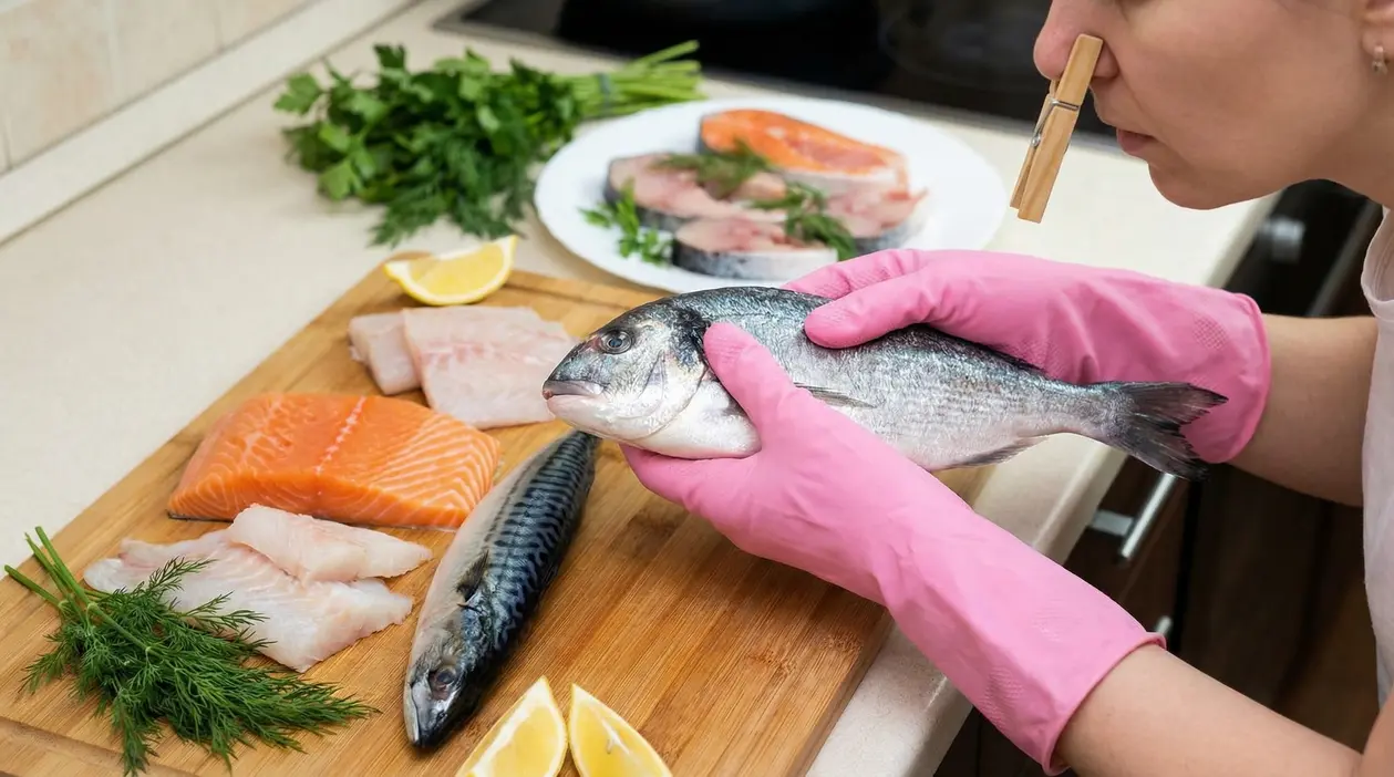 Persona con guanti rosa tiene un pesce fresco vicino al naso coperto da una molletta