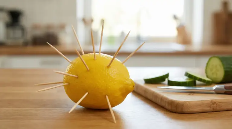 Limone con stuzzicadenti infilati su un tavolo da cucina accanto a un tagliere con cetriolo affettato