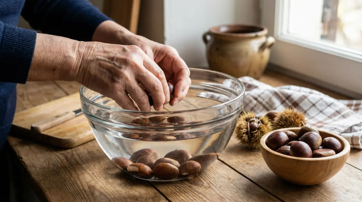 Mani di una persona mentre immerge castagne in una ciotola d'acqua su un tavolo di legno