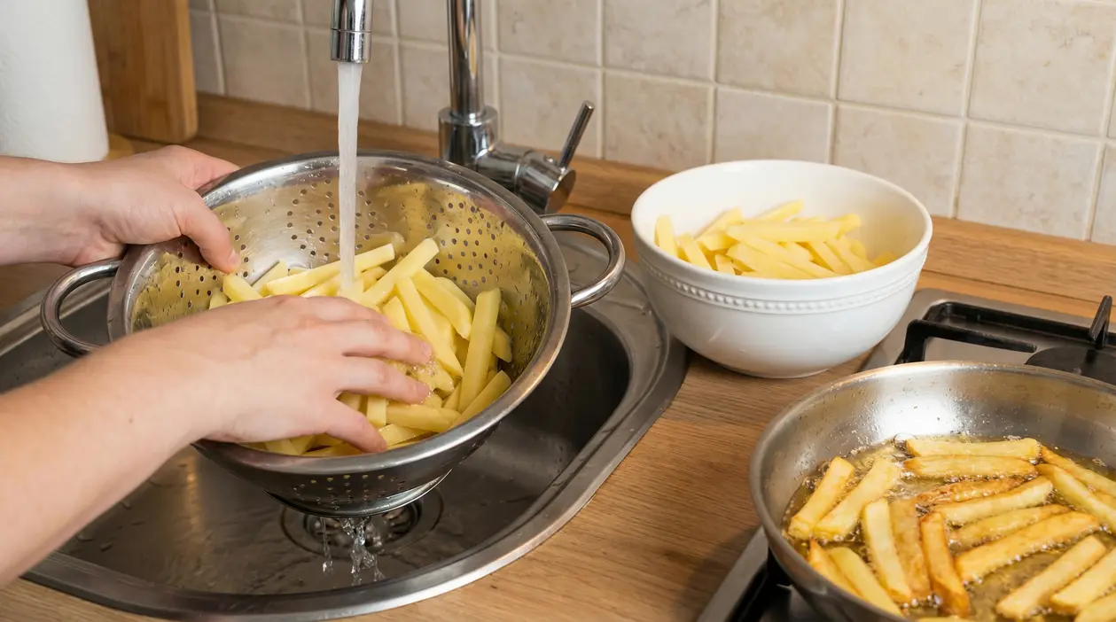 Mani che sciacquano patate tagliate a bastoncino in uno scolapasta sotto l'acqua corrente