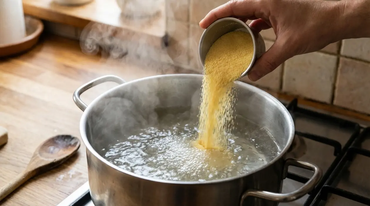Una mano versa il semolino in una pentola con acqua bollente sul fornello