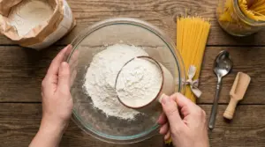 Mani versano farina in una ciotola con una tazza dosatrice, accanto a spaghetti su tavolo di legno