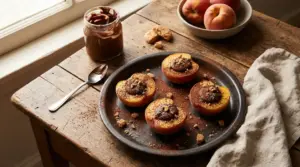 Pesche al cioccolato servite su un piatto rustico con briciole di biscotto e crema al cioccolato