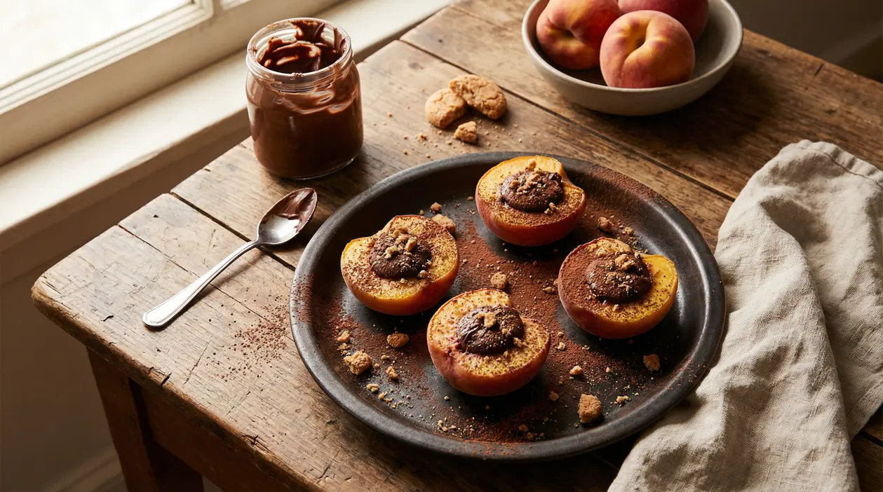 Pesche al cioccolato servite su un piatto rustico con briciole di biscotto e crema al cioccolato