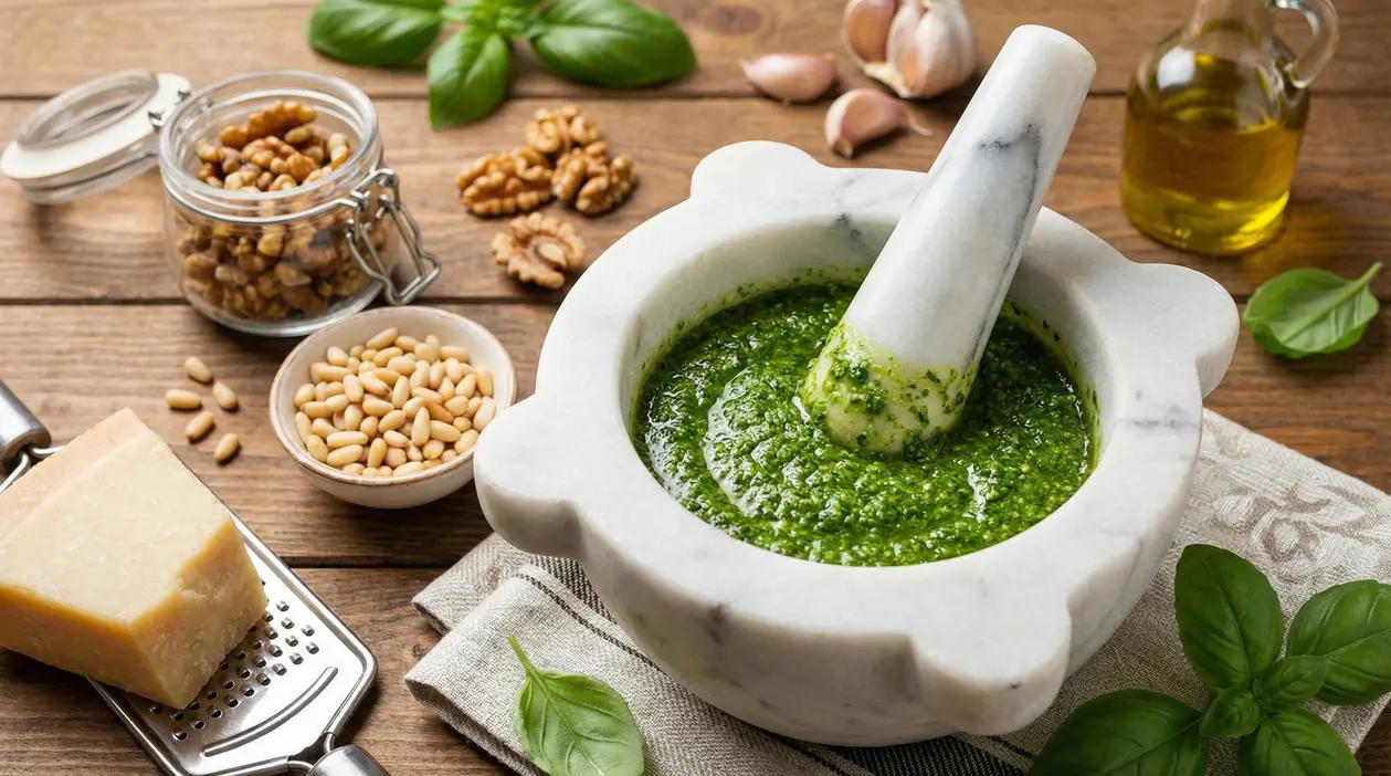 Pesto alla genovese nel mortaio con basilico, pinoli, formaggio, aglio, olio e noci su tavolo di legno