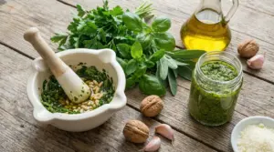 Ingredienti freschi e mortaio con pesto alle erbe aromatiche su tavolo rustico