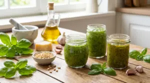 Barattoli di pesto fatto in casa con basilico fresco, pinoli, aglio, parmigiano e olio su tavolo di legno