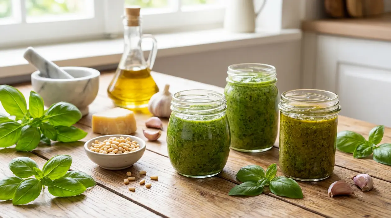Barattoli di pesto fatto in casa con basilico fresco, pinoli, aglio, parmigiano e olio su tavolo di legno