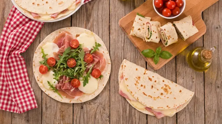 Piadine farcite con prosciutto, mozzarella, rucola e pomodorini su tavolo di legno, pronte per un pranzo veloce