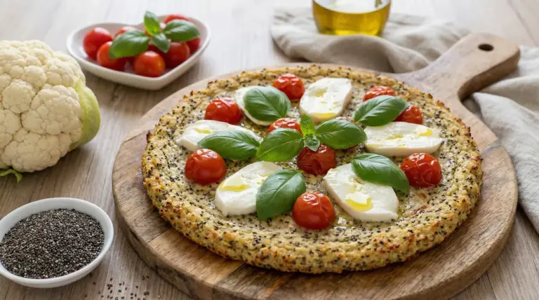 Pizza con crosta di cavolfiore e semi di chia, con pomodorini, mozzarella e basilico su tagliere di legno