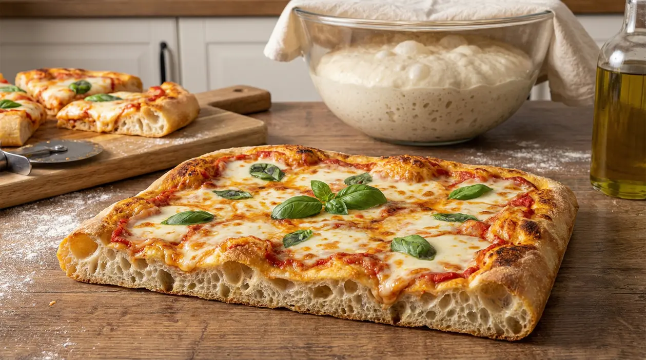 Pizza in teglia con impasto ben lievitato, basilico fresco e formaggio fuso su un tavolo da cucina