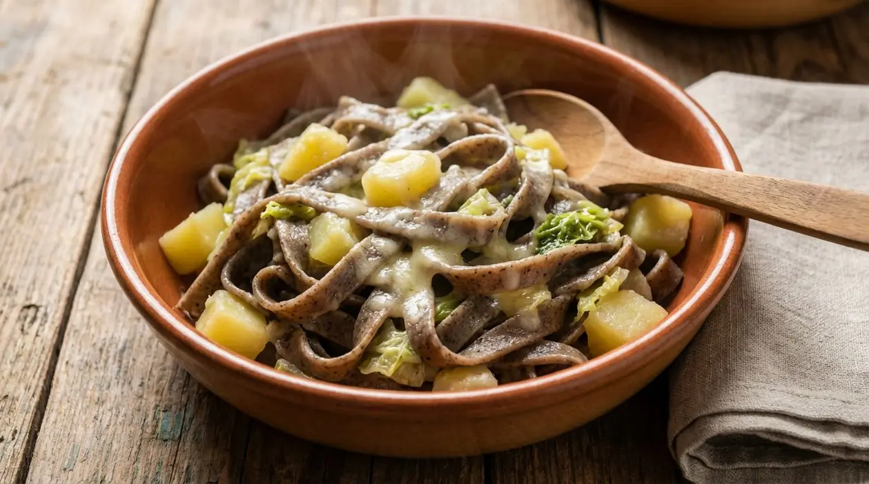 Piatto di pizzoccheri valtellinesi con verza, patate e formaggio fuso in una ciotola di terracotta