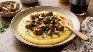 Piatto di polenta cremosa con salsiccia e funghi servito su un piatto rustico