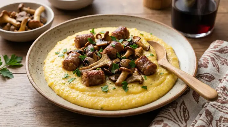 Piatto di polenta cremosa con salsiccia e funghi servito su un piatto rustico