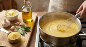 Polenta cremosa mescolata in pentola con frusta, accanto a farina di mais, burro e olio