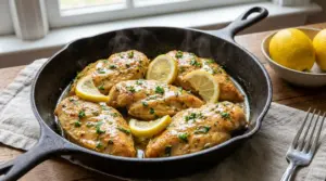 Petti di pollo al limone cotti in padella con fettine di limone e prezzemolo