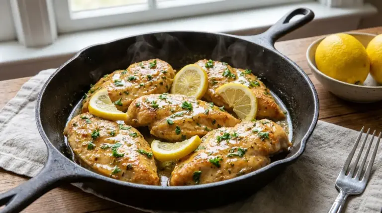 Petti di pollo al limone cotti in padella con fettine di limone e prezzemolo