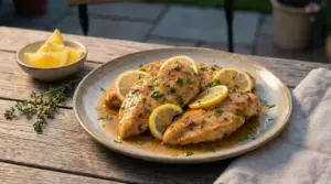 Petto di pollo al limone in salsa, guarnito con fettine di limone ed erbe su un piatto rustico