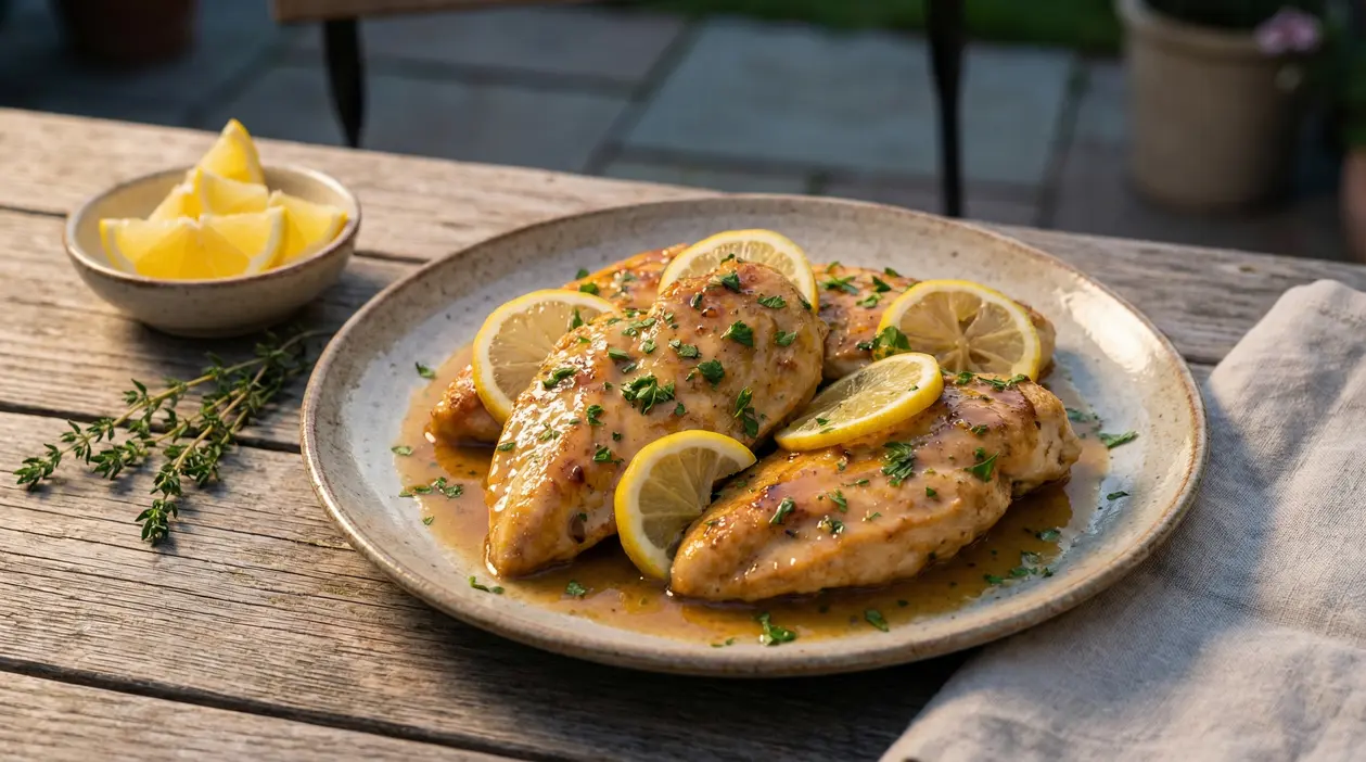 Petto di pollo al limone in salsa, guarnito con fettine di limone ed erbe su un piatto rustico