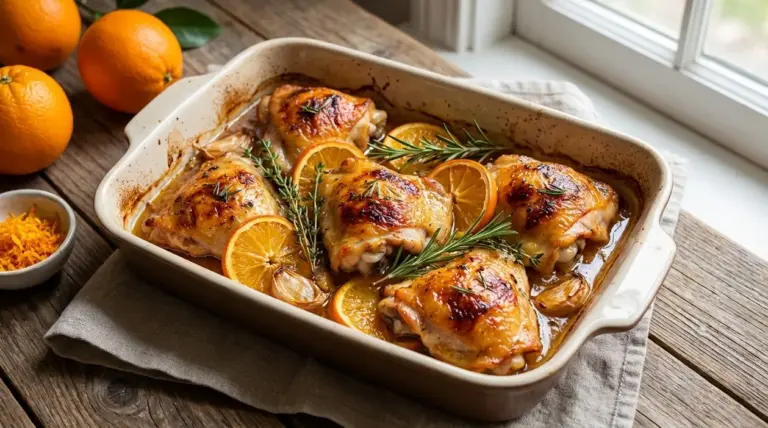 Cosce di pollo all’arancia al forno in pirofila, con fette di arancia ed erbe aromatiche
