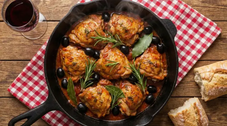 Pollo alla cacciatora con olive nere e rosmarino in padella su tovaglia a quadretti