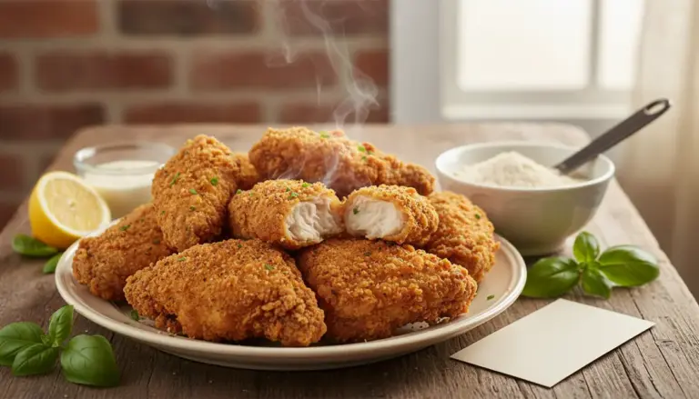 Pezzi di pollo fritto croccante su un piatto, con vapore, limone, salsa e farina sul tavolo