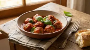 Polpette al sugo in un piatto rustico con foglie di basilico fresco