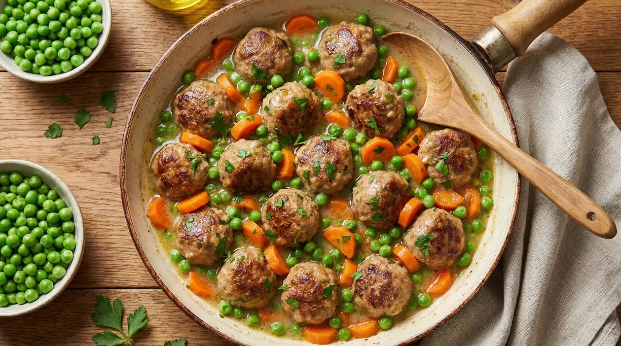 Polpette con carote e piselli servite in padella con cucchiaio di legno