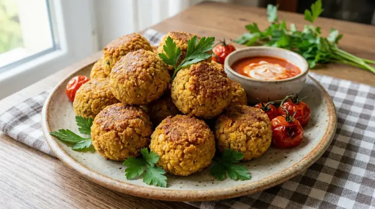 Polpette di ceci croccanti servite con salsa e pomodorini su un piatto di ceramica