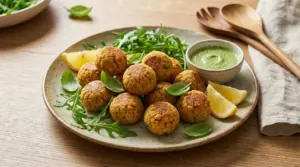 Polpette di ceci servite con rucola, fette di limone e salsa verde in una ciotola