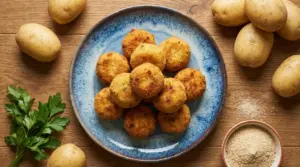 Polpette di patate dorate su un piatto blu, con patate, prezzemolo e pangrattato sul tavolo