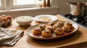 Polpette di ricotta servite con salsa di pomodoro su un piatto in cucina