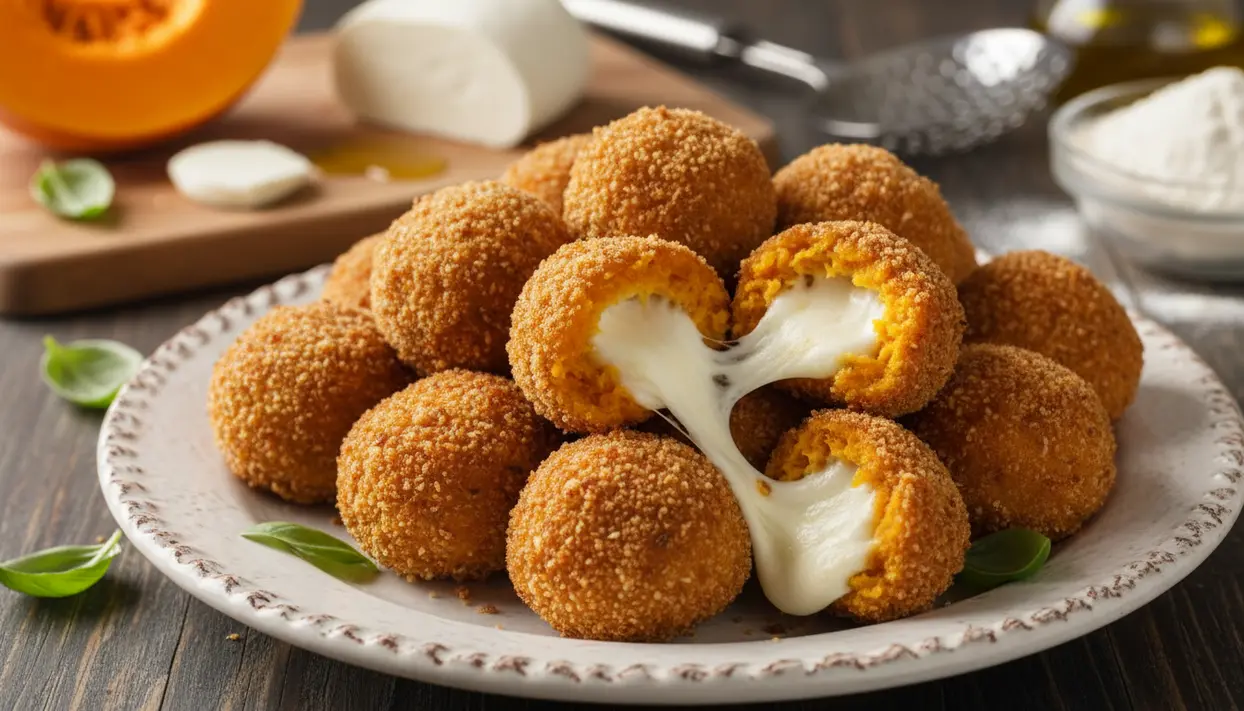 Polpette di zucca filanti fritte su un piatto, con mozzarella che fila dopo essere stata spezzata