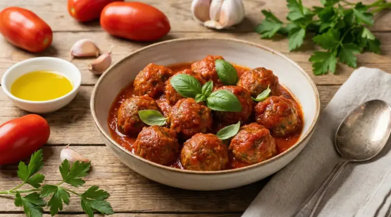 Polpette al sugo servite in una ciotola con basilico fresco su un tavolo rustico