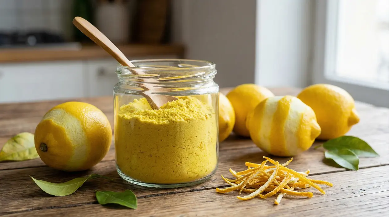 Barattolo di polvere di limone con limoni freschi e scorze su un tavolo di legno