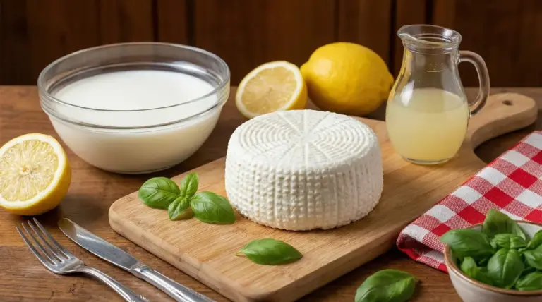 Formaggio primosale su tagliere con limoni, latte e basilico fresco