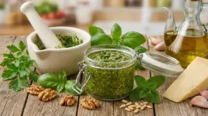 Un barattolo di pesto fatto in casa con ingredienti freschi su un tavolo rustico